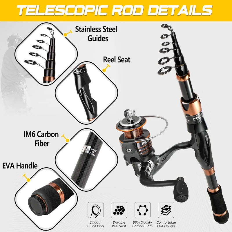 PLUSINNO Bronze Warrior Toray IM6 Telescopic Fishing Duo Kit — 2 Rods & 2 Reels Full Carry Case Set with 12+1 Bearings, Line & Lures (Travel Freshwater Gear)