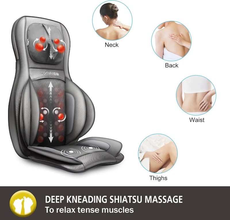 COMFIER Portable Massage Chair Pad with Heat, Shiatsu Neck & Back Massager Featuring Compression, Rolling and Vibration — Full-Body Relief, Gray