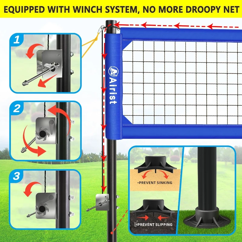 Heavy Duty Outdoor Volleyball Net with Steel Anti-Sag System and Adjustable Aluminum Poles, Professional 32'x3' Regulation Set with Carry Bag