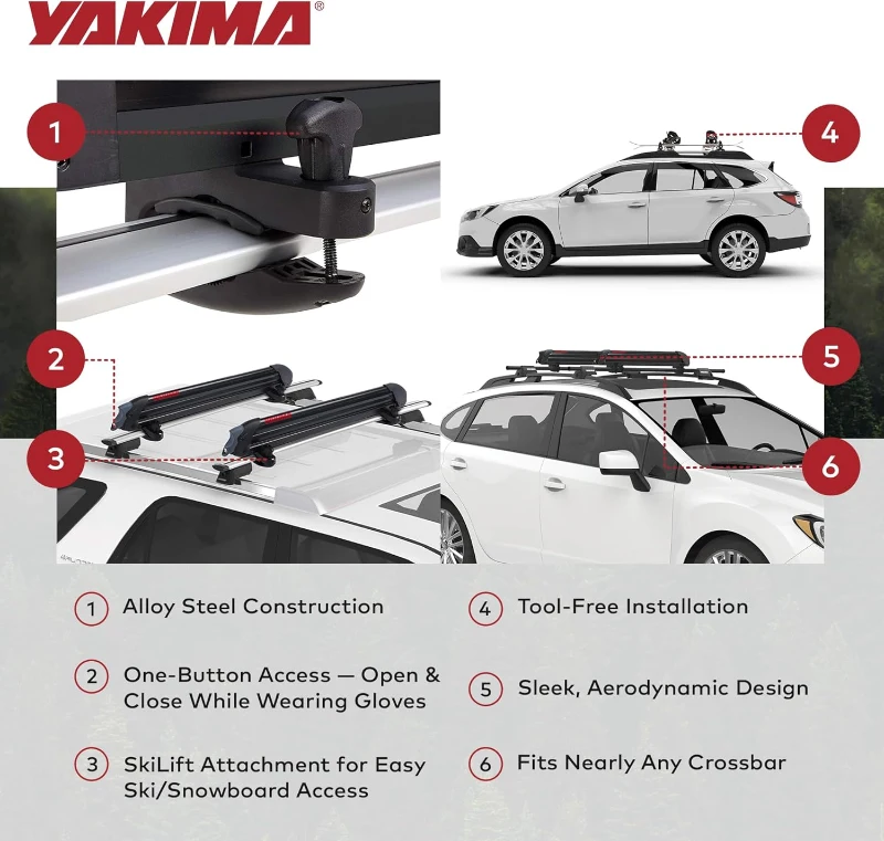 Yakima PowderHound 6 Ski & Snowboard Roof Rack — Carries 6 Pairs of Skis or 4 Boards, SKS Lockable System, Fits Yakima Crossbars