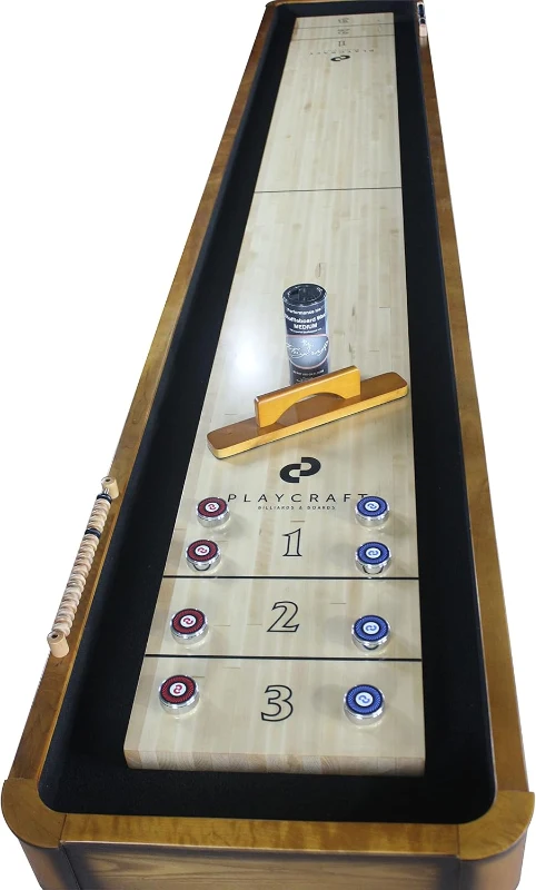 Playcraft Georgetown Shuffleboard Table with Built-In Storage Cabinet, Matching Abacus, 8 Pucks, Brush & Wax - Pro Climate Adjusters, Hand-Stained Burnished Finish