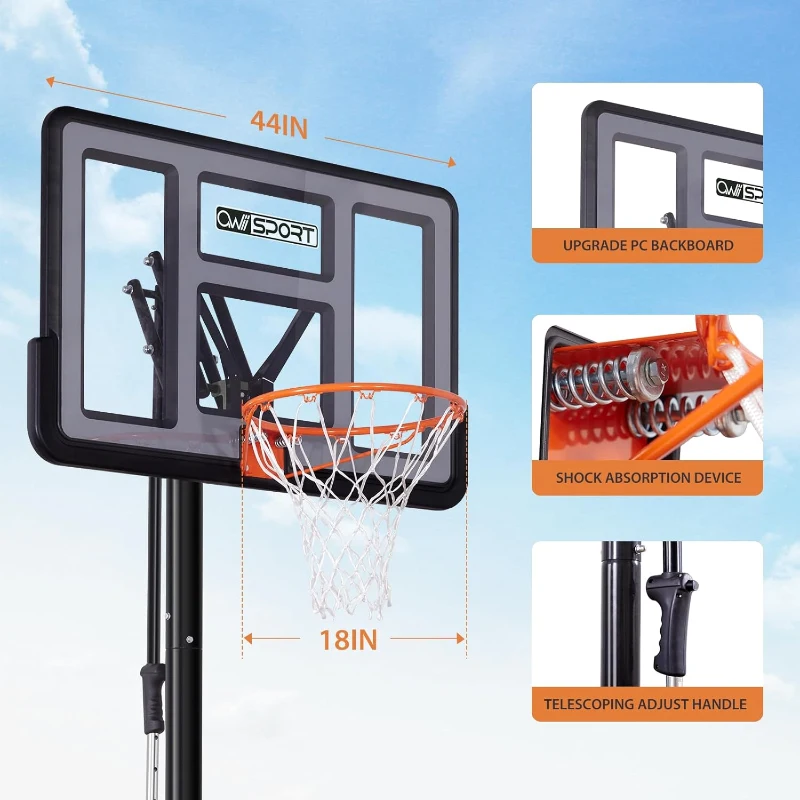 AWII SPORT Portable Outdoor Basketball Hoop — 44-inch Impact-Resistant PC Backboard, Labor-Saving Quick-Adjust 4.8–10 ft System with Wheels