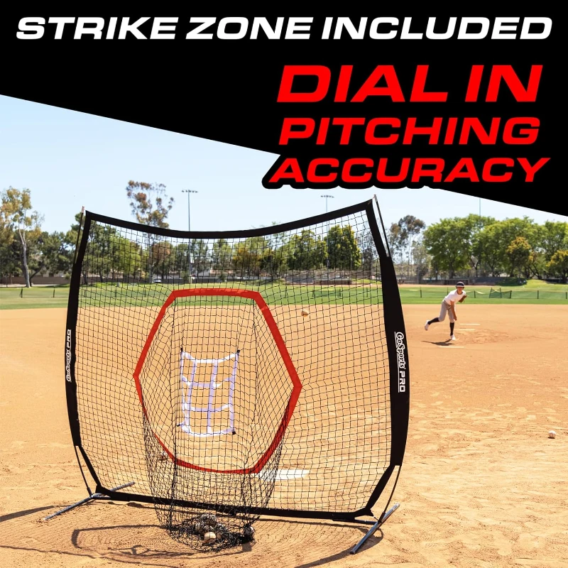 GoSports 7' x 7' Baseball & Softball Net — Red, Black or PRO Version with Bow Frame, Carry Bag & Strike Zone (All Skill Levels)