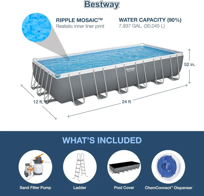Bestway Power Steel Rectangular 24 ft x 12 ft x 52 in Metal Frame Above-Ground Pool Kit with 1,500 GPH Sand Filter Pump, Ladder and Cover