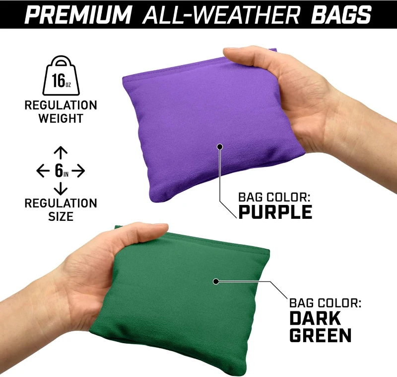 GoSports Regulation Wooden Cornhole Boards 4' x 2' — Light Brown Stain Finish with Carrying Case and Bean Bags (Dark Green & Purple)