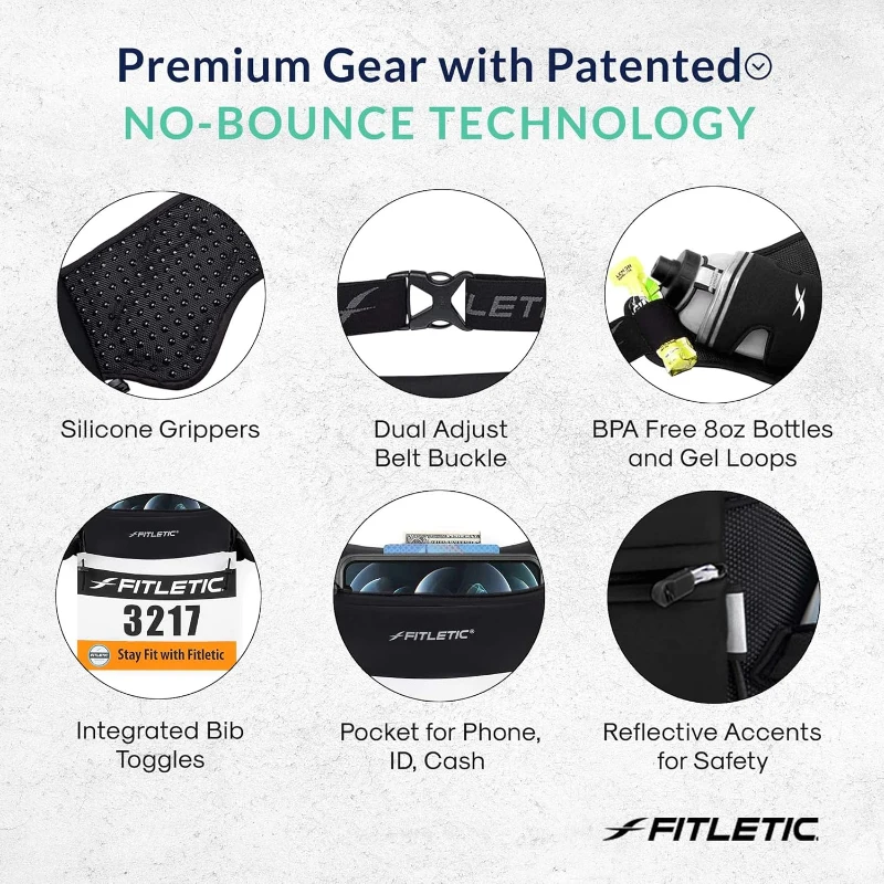 Fitletic Hydra 16 Hydration Running Belt for Men & Women with 2 x 8oz Quick-Flow Bottles — Patented Bounce-Free Neoprene Pouch Fits All Phones