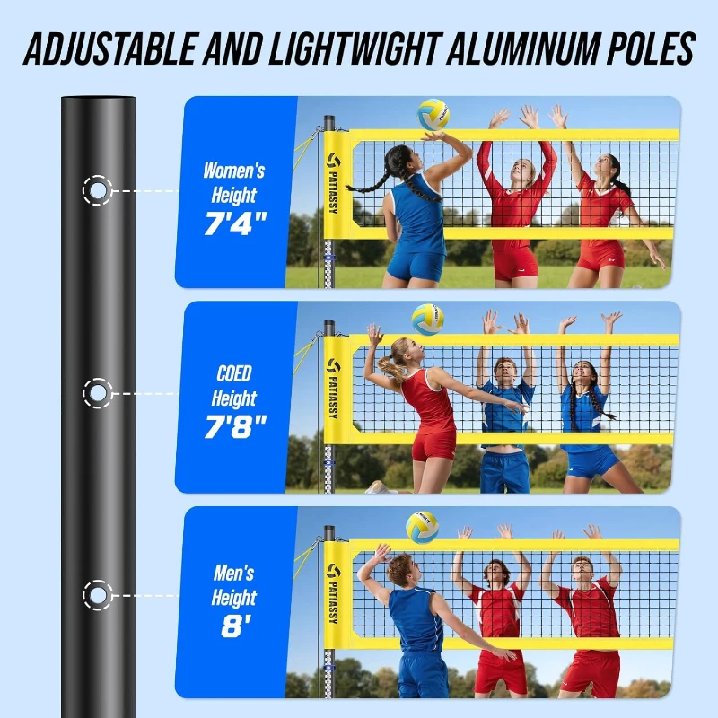 Patiassy Heavy-Duty Portable Volleyball Net — Adjustable Aluminum Poles, Winch Tension System, PU Ball & 1680D Carry Bag
