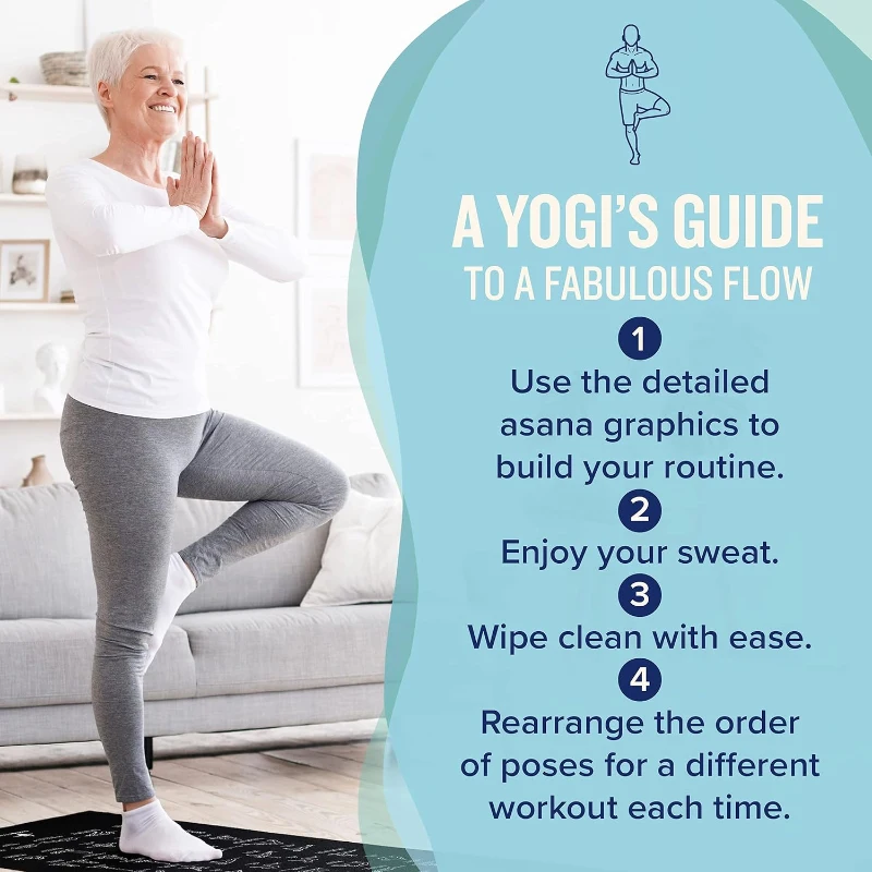 NewMe Fitness Large Yoga Mat for Women & Men — 68"" x 24"" x 5mm, Non-Slip with 70 Printed Yoga Poses for Pilates, Workout & Stretching