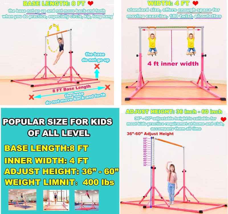 Marfula Foldable Gymnastics Kip Bar for Kids & Teens (Ages 3-20) - 5Ft/8Ft Base, 4Ft Width, 5Ft Adjustable Height - Professional Home & Club Training Equipment