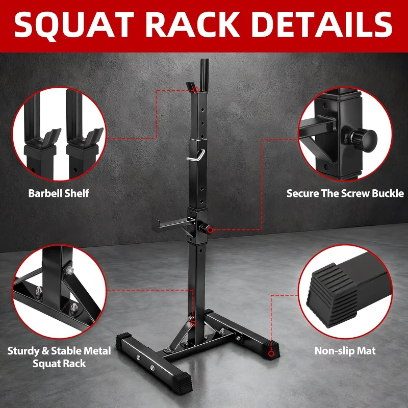 JupiterForce Adjustable Squat Rack Stands (Pair) — Heavy-Duty Steel Bench/Barbell Racks, 40–66"" Adjustable Height, 550 lb Capacity, Portable H-Base, Black