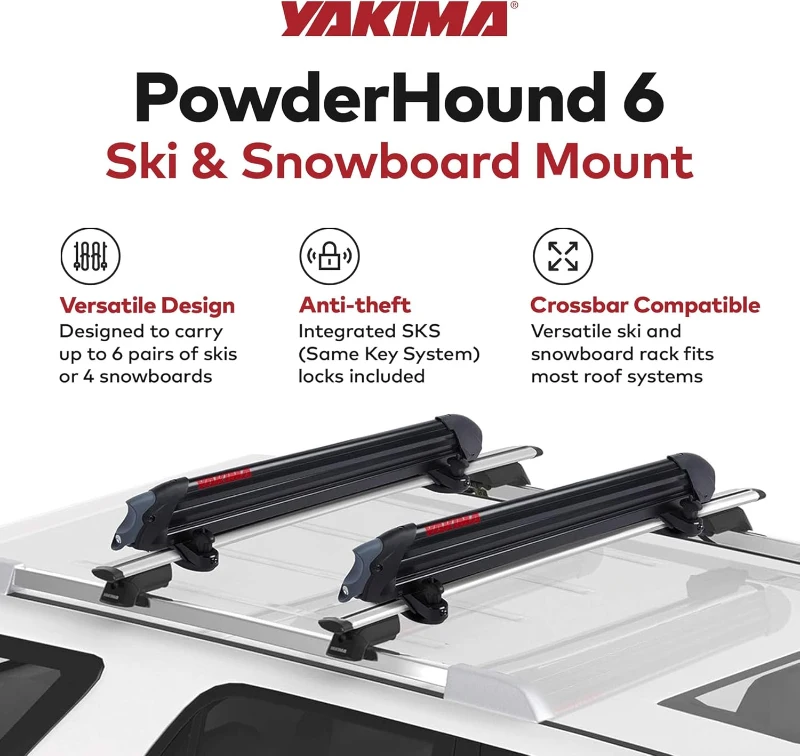 Yakima PowderHound 6 Ski & Snowboard Roof Rack — Carries 6 Pairs of Skis or 4 Boards, SKS Lockable System, Fits Yakima Crossbars