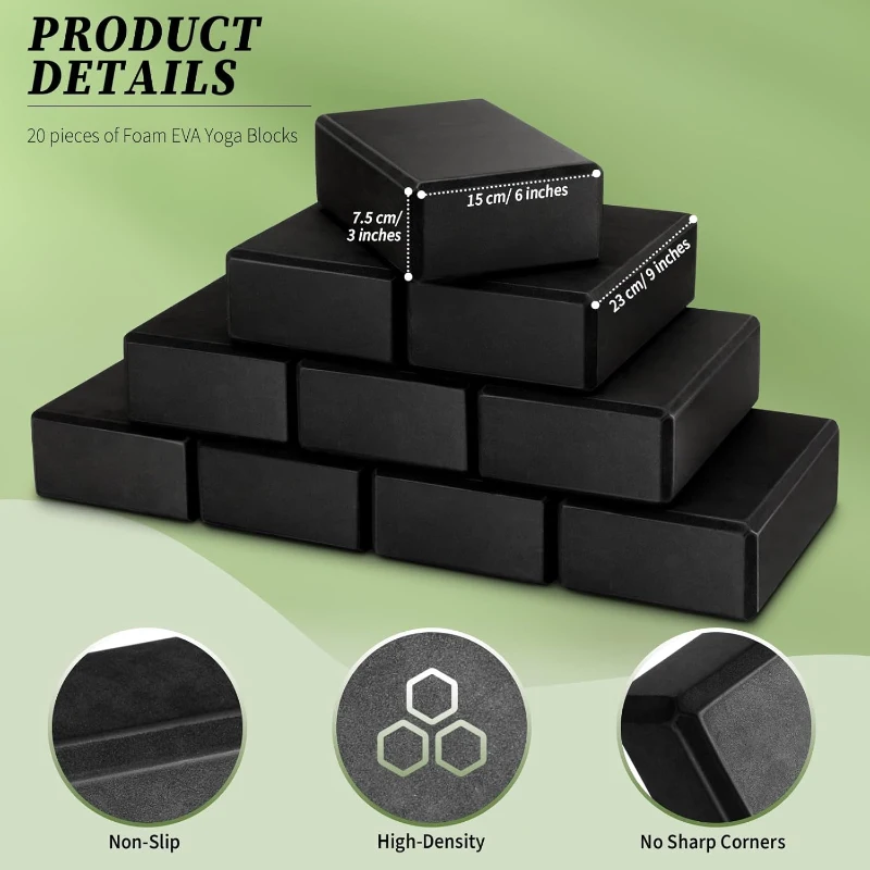 20-Pack EVA Foam Yoga Blocks – Lightweight Non-Slip Support Bricks for Pilates, Stretching and Meditation (Black)