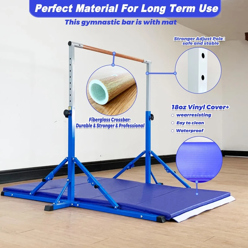 Marfula Foldable Gymnastic Kip Bar with Mat for Kids and Teens (Ages 3–20), 5 ft Rail, 4 ft Base, Adjustable 36–60 in Height – Training Equipment for Home and Club