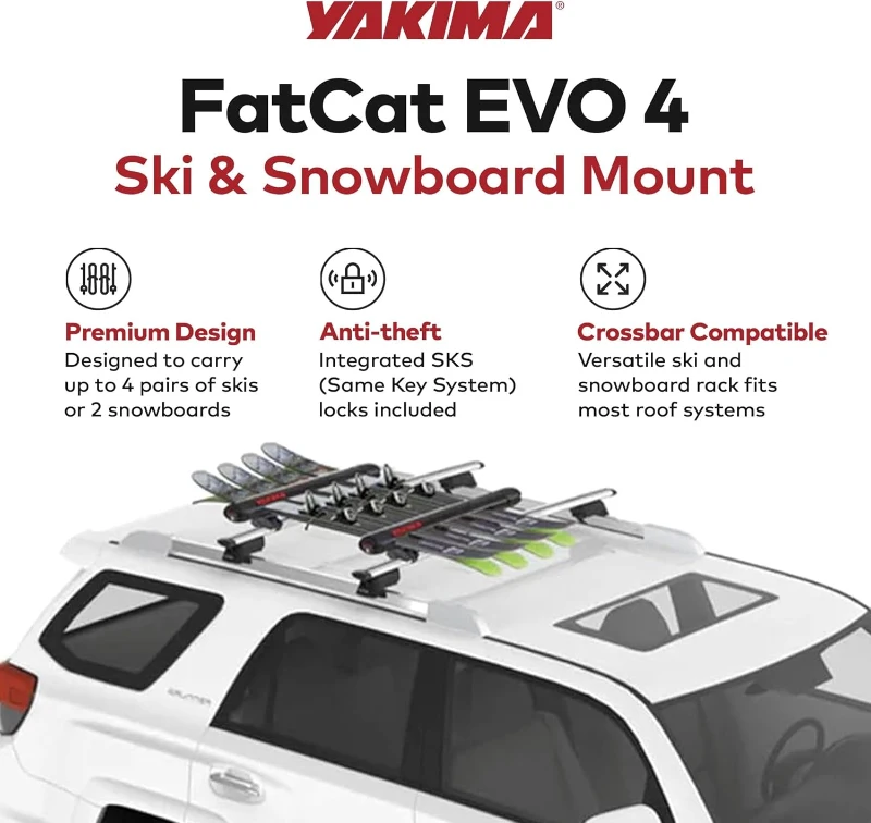 YAKIMA FatCat EVO 4 Roof Rack - Holds 4 Pairs of Skis or 2 Snowboards, Universal Mount with Expandable DoubleJoint Hinge and Integrated SKS Locks
