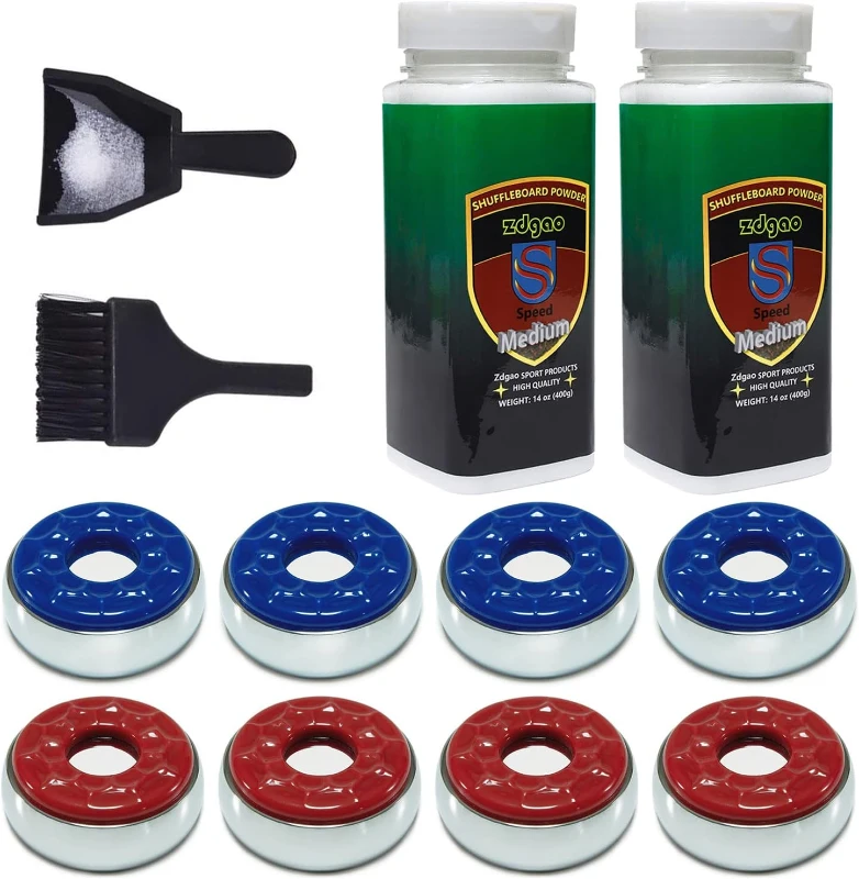 Complete Shuffleboard Accessory Bundle — 8 Pucks, 2 Cans Medium-Speed Wax, Mini Brush & Dustpan