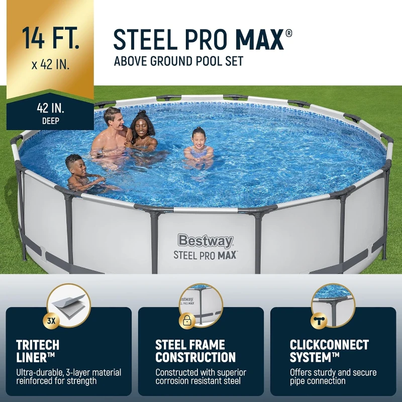Bestway Steel Pro MAX 14' x 42"" Round Above-Ground Pool Set — Metal Frame Family Pool with Filter Pump, Ladder & Cover, Gray