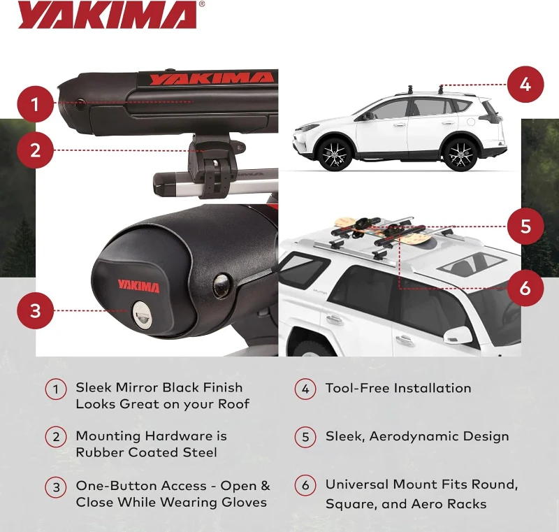 YAKIMA FatCat EVO 4 Roof Rack - Holds 4 Pairs of Skis or 2 Snowboards, Universal Mount with Expandable DoubleJoint Hinge and Integrated SKS Locks