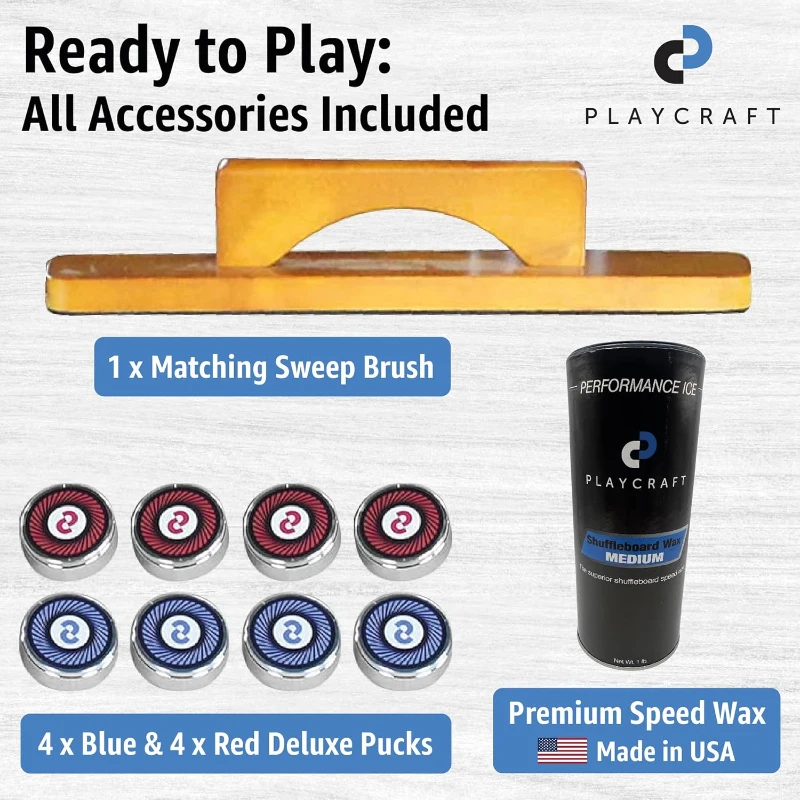 Playcraft Woodbridge Shuffleboard Table, Built-In Storage Cabinet - Full Accessory Kit with Matching Abacus, 8 Deluxe Pucks, Brush & USA Wax - Pro Climate Adjusters (Made in USA)
