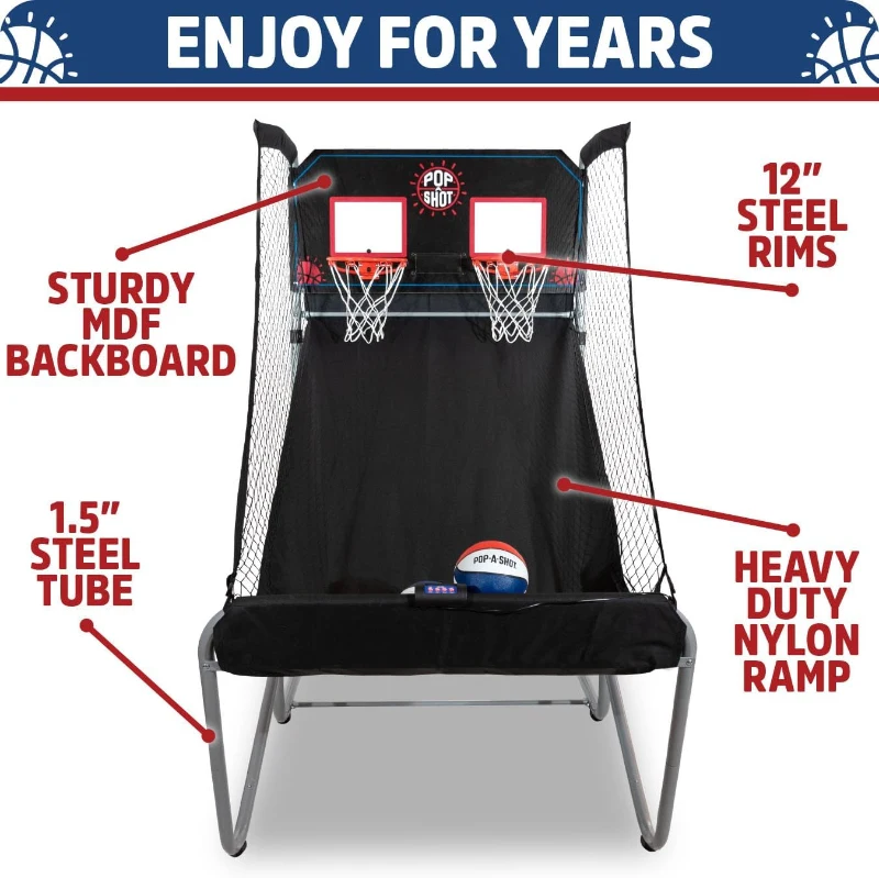Pop-A-Shot Home Dual Shot Arcade Basketball Game — Sensor Scoring Hoop with 16 Game Modes, 7 Balls, Foldable & Mobile for Easy Storage