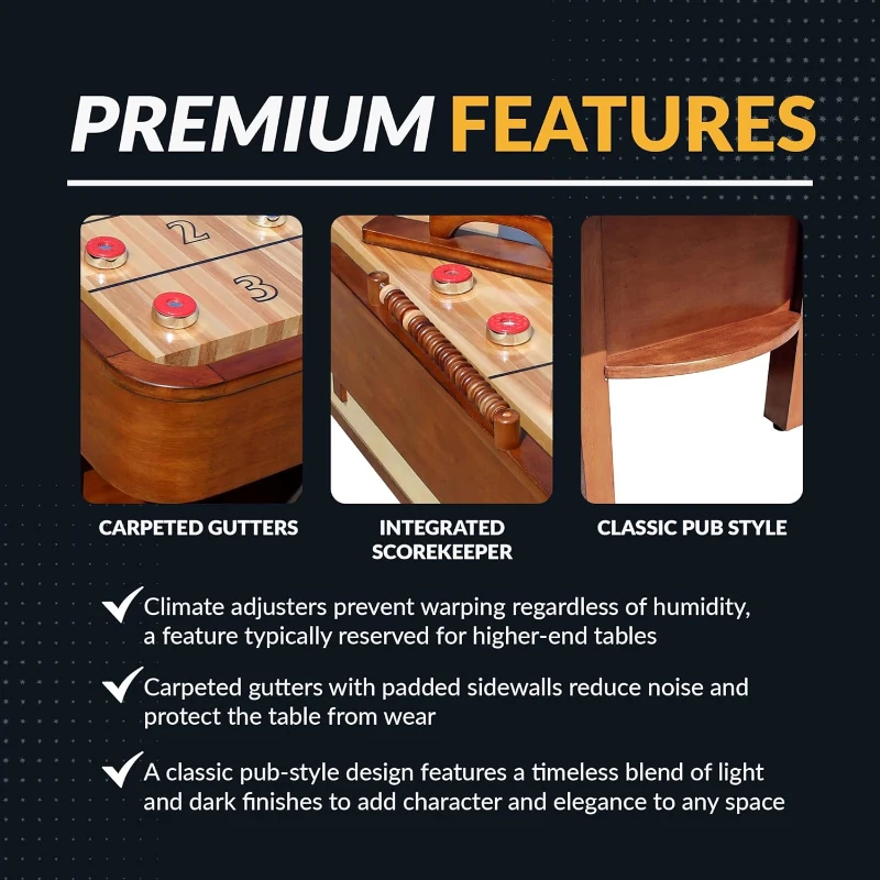 Hathaway Merlot 12-Foot Shuffleboard Table — Walnut Finish, Lacquered 1.75"" Birch Playfield, Built-In Scorer & Cabinet, Climate Adjusters