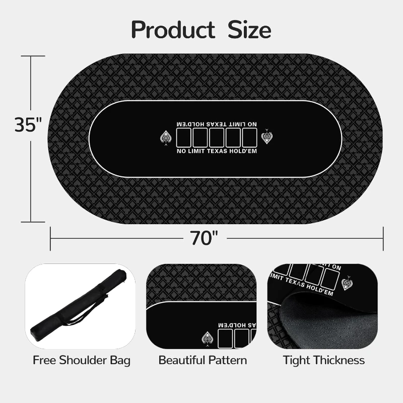 Waterproof 70 x 35 Inch Texas Hold'em Poker Mat — Premium Smooth Surface, Noise Reduction, Slip-Resistant Backing, Metal-Zip Tote