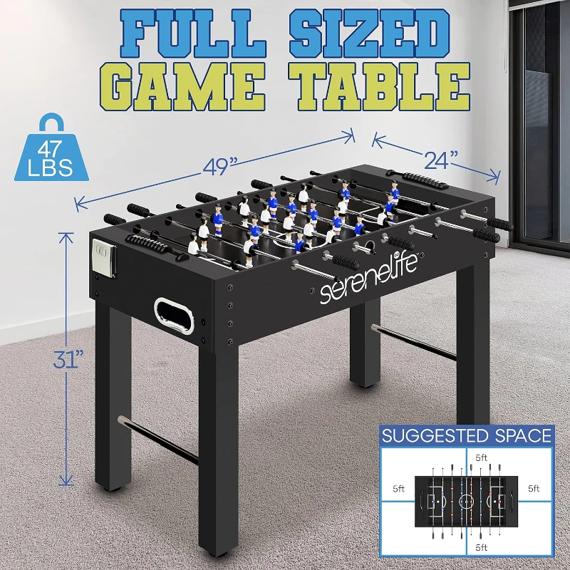 SereneLife 48"" Full-Size Foosball Table — Competition-Style with 2 Balls & Dual Fold-Out Cup Holders for Home Arcade