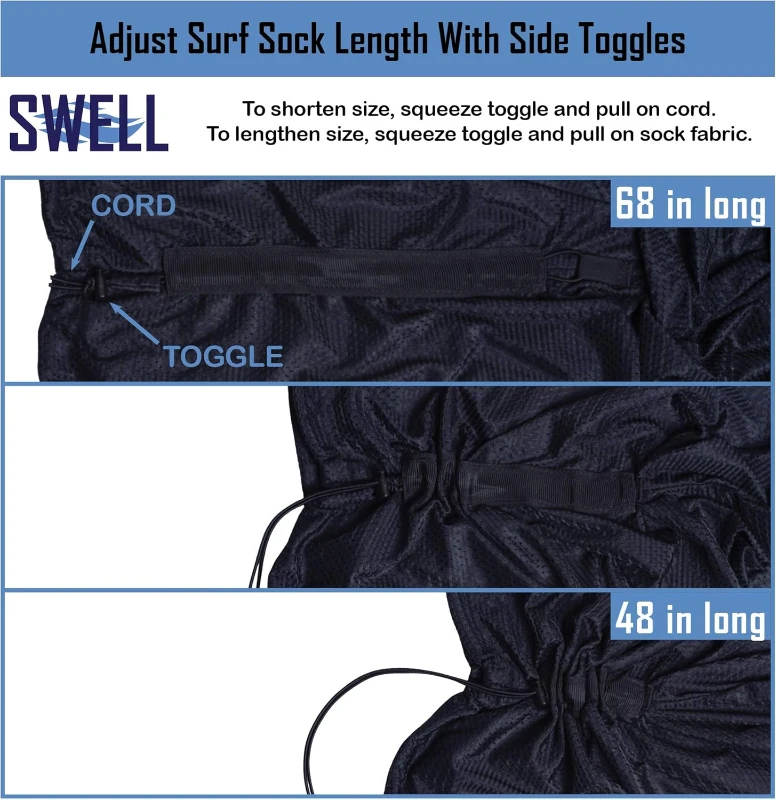 SWELL Adjustable Wakesurf Board Sock — Expandable Cover with Padded Nose Pocket, 600D Polyester Protection, One Size Fits Most