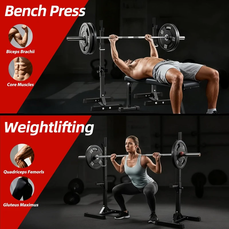 JupiterForce Adjustable Squat Rack Stands (Pair) — Heavy-Duty Steel Bench/Barbell Racks, 40–66"" Adjustable Height, 550 lb Capacity, Portable H-Base, Black