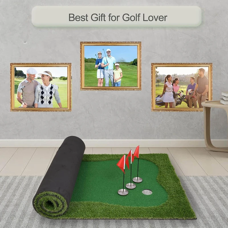 Chriiena Large Golf Putting Green Mat — Professional Indoor & Outdoor Practice Surface with Slope Pad and Movable Cups
