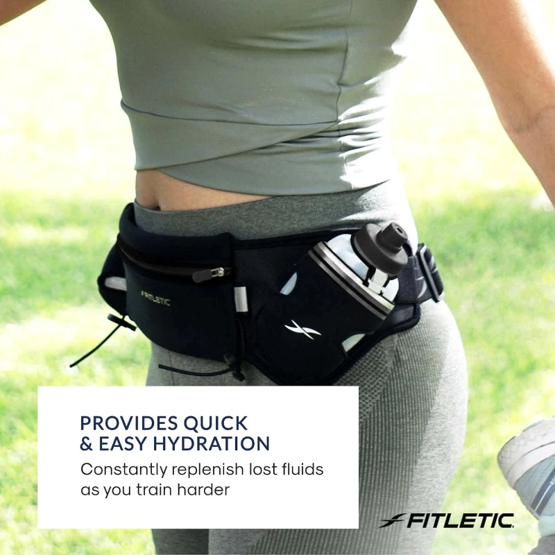 Fitletic Hydra 16 Hydration Running Belt for Men & Women with 2 x 8oz Quick-Flow Bottles — Patented Bounce-Free Neoprene Pouch Fits All Phones