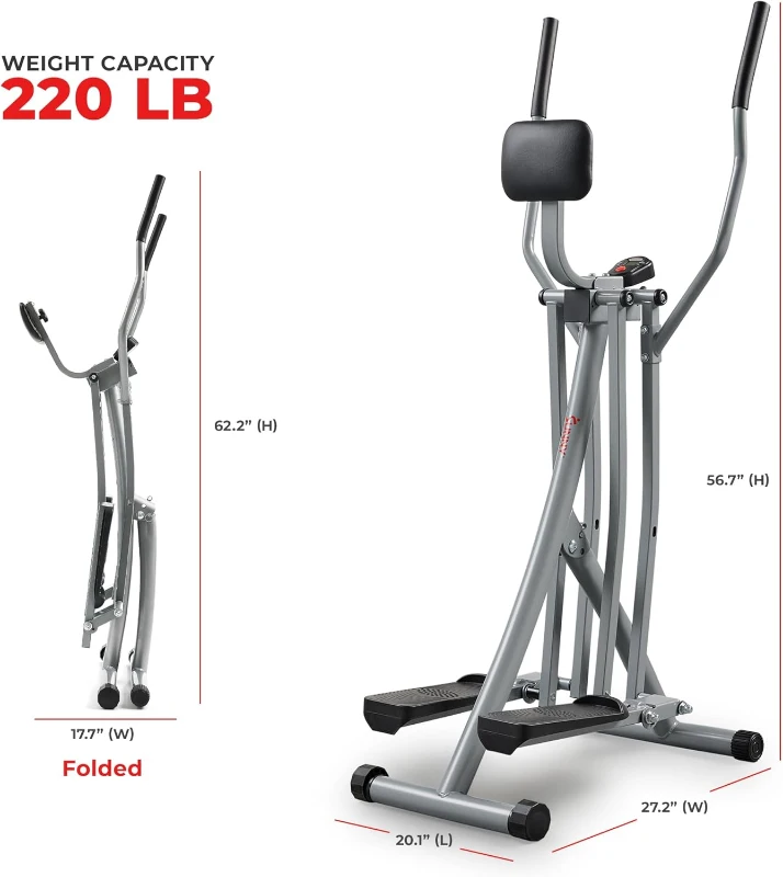 Sunny Health & Fitness Smart Air Walk Elliptical, Foldable Home Glider with Up to 30"" Stride, Bluetooth-Ready SunnyFit App, Adjustable Support