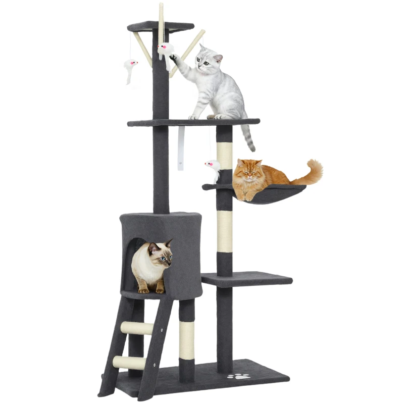 PawHut 53" Cat Tree Tower, Kitten Activity Centre with Scratching Posts, Condo, Perches, Ladder, Hammock, Dangling Toys, Dark Grey