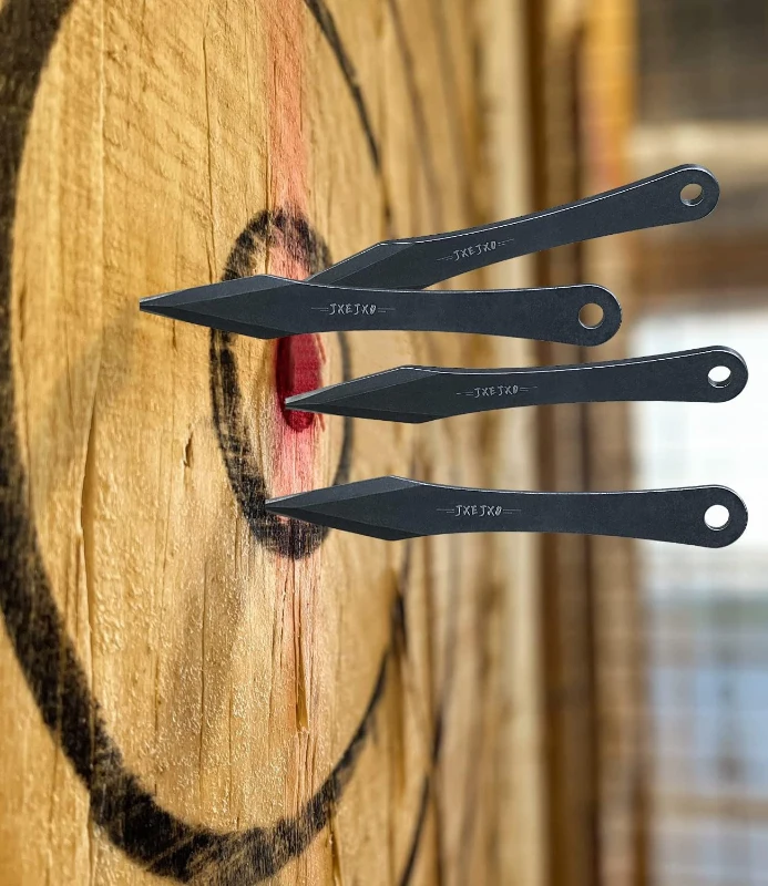 JXE JXO 9.4-inch Stainless Steel No-Spin Throwing Spikes Set with Nylon Belt Sheath – Solid Full-Tang 420HC