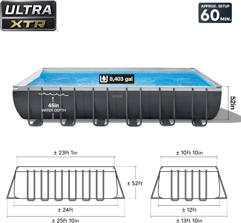 INTEX Ultra XTR Deluxe Rectangular Pool Set (26363EH) — 24' x 12' x 52"" with 2100 GPH Krystal Clear Sand Filter Pump