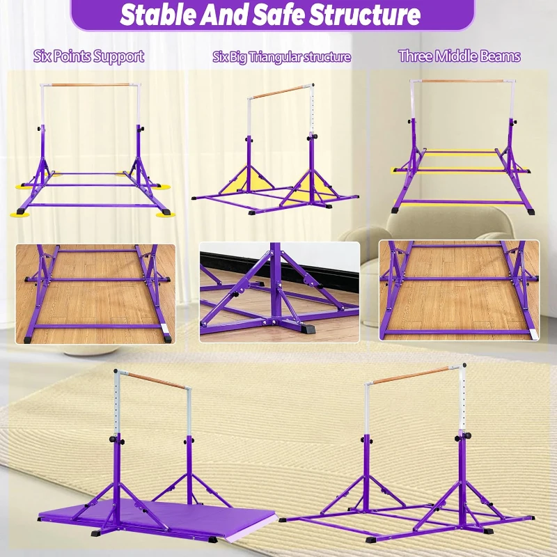 Marfula Foldable Gymnastics Kip Bar for Kids & Teens (Ages 3–25) — Adjustable Height 36–60 in, 5 ft Platform, Includes Mat, Professional Stability Features