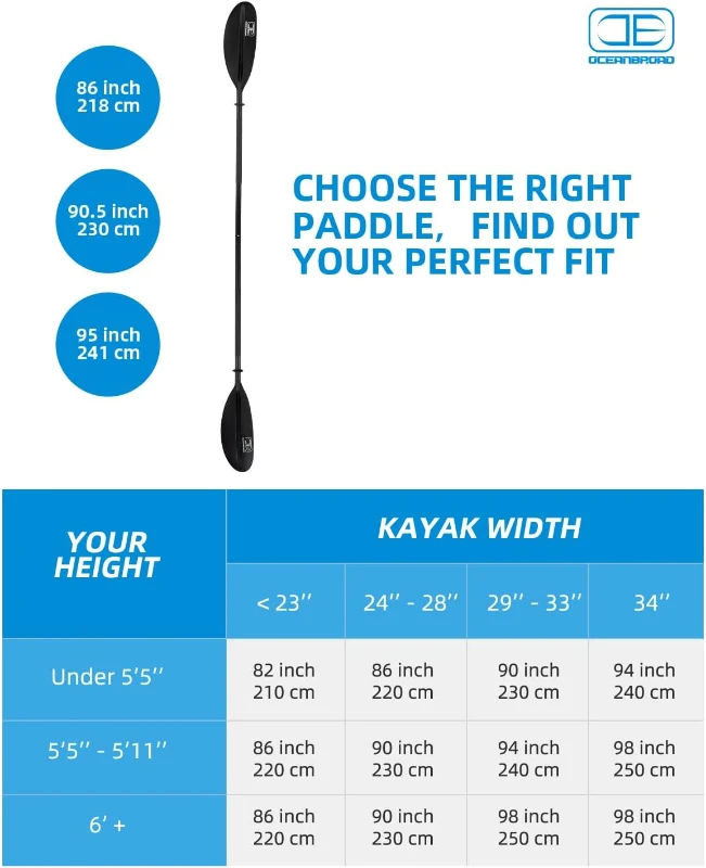 OCEANBROAD Kayak Paddle — 90.5in/230cm Popular Length, Alloy Shaft 2-Piece Oar with Paddle Leash for Kayaking, Boating & Canoeing