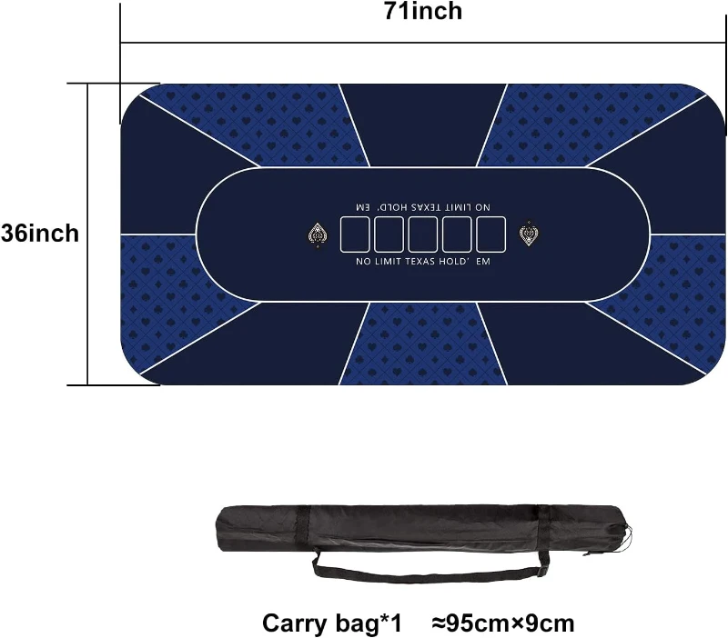 70 x 35 Inch Blue Poker Mat — 6-8 Player Texas Hold'em Rubber Topper with Carrying Bag, Portable Folding Poker Table Top