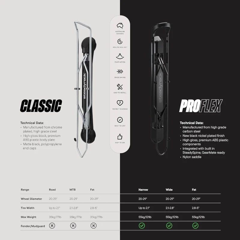 Steadyrack ProFlex Narrow Wall Bike Rack | Original Vertical Pivoting Storage for Road & Narrow-Tire Bikes, Heavy-Duty Steel, Space-Saving Foldable Design