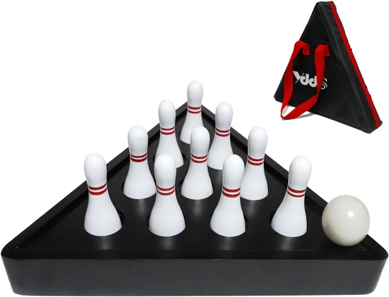 Shuffleboard Bowling Set - 10 Premium Hardwood Pins with Durable Triangular Pinsetter, Resin Bowling Ball and Carry Bag for Shuffleboard Games