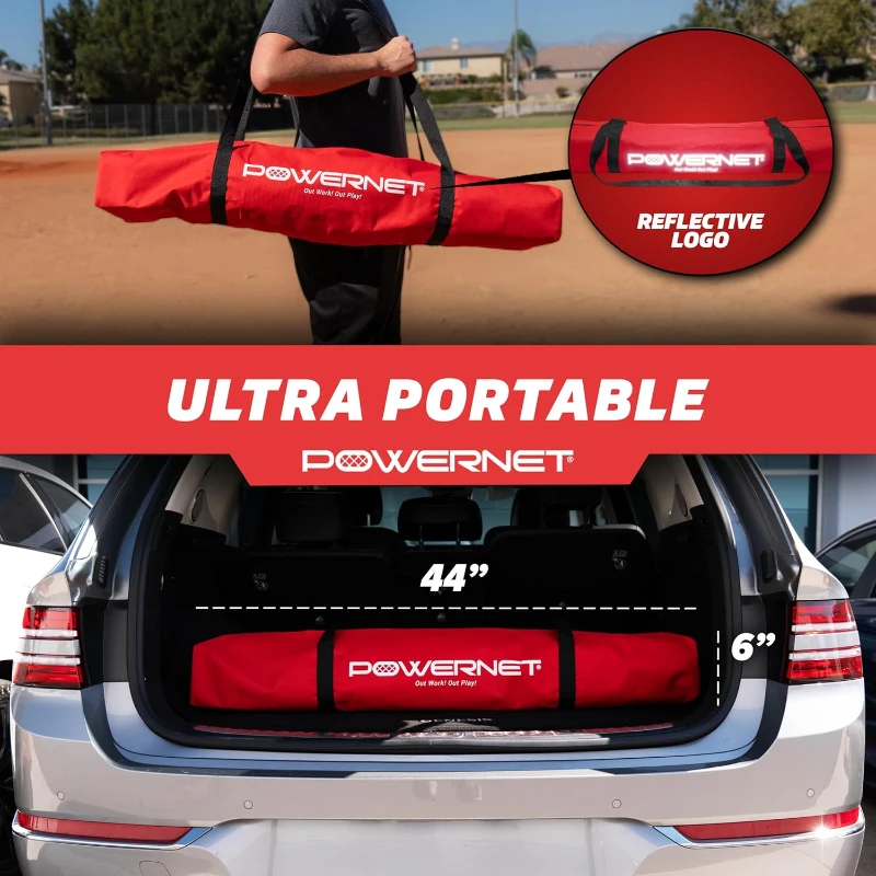 PowerNet 7' x 7' Baseball & Softball Practice Net — Red with Deluxe Adjustable Tee, Carry Bag and Fast Setup