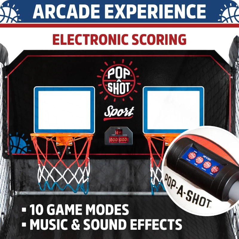 Pop-A-Shot Dual Shot Sport — Foldable Home Arcade Basketball Game with Paddle Scoring, 10 Game Modes, 4 Balls