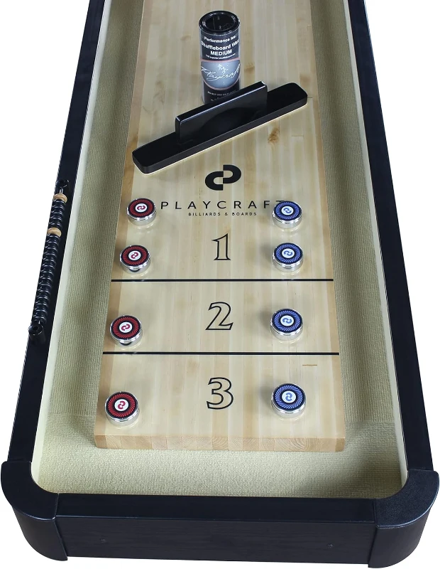 Playcraft Woodbridge Shuffleboard Table with Storage Cabinet — USA-Made, Pro-Style Climate Adjusters, Matching Abacus, 8 Pucks, Brush & Speed Wax