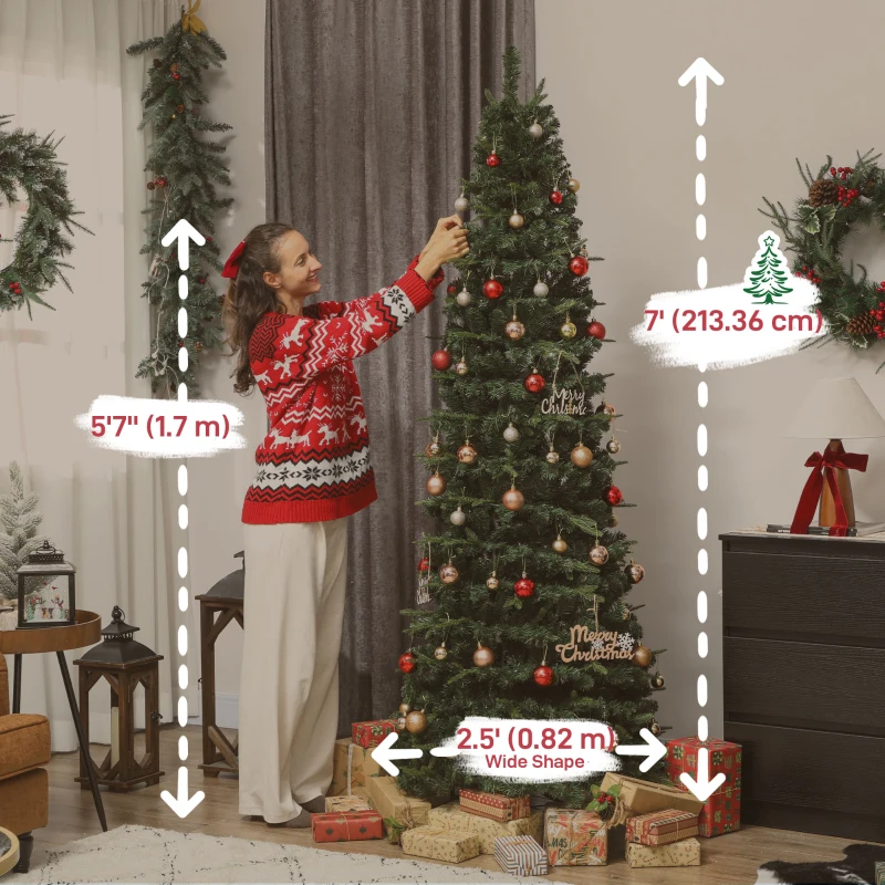 HOMCOM 7 ft Prelit Pop Up Christmas Tree, Collapsible Artificial Xmas Tree with Metal Stand for Holiday Decor, Green