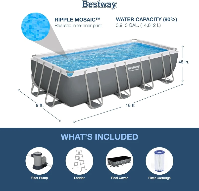 Bestway Power Steel Rectangular 18 ft x 9 ft x 48 in Metal Frame Above-Ground Pool Kit with 1,500 GPH Filter Pump, Ladder and Cover