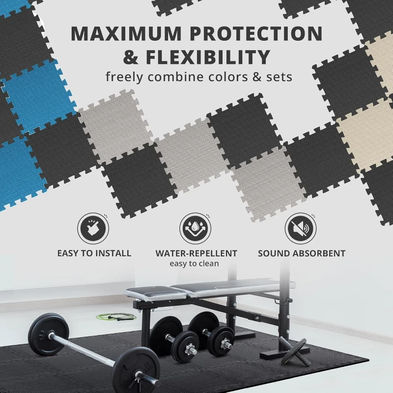 bemaxx 18-Piece EVA Interlocking Foam Gym Mats with Edge Pieces - 12.6"" x 12.6"" x 0.4"" Tiles, 18 sq ft Protective Flooring for Home Gym, Garage, Treadmill