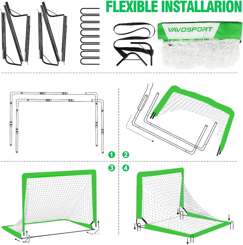 VAVOSPORT 2-Pack 4'x3' Portable Kids Soccer Goal Set — Foldable Training Nets with Ball, Pump, Cones & Carry Bag