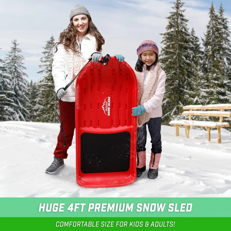 GoSports 2-Person Premium 4 ft Snow Sled — Double-Walled HDPE with Padded Seat, Dual Handles & Hand Pull Strap (Red or Blue)