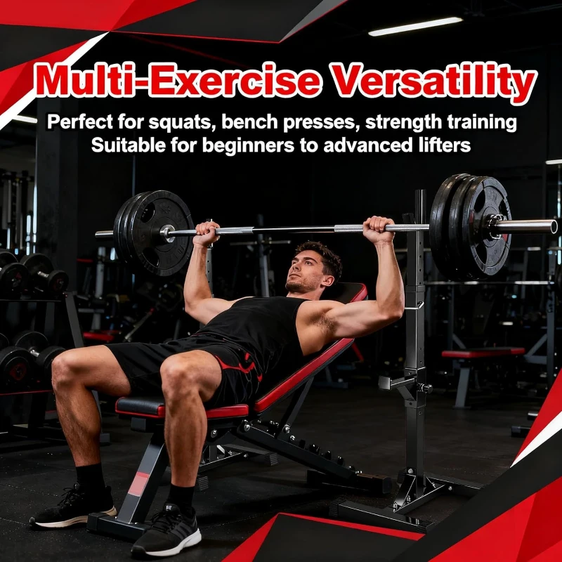 JupiterForce Adjustable Squat Rack Stands (Pair) — Heavy-Duty Steel Bench/Barbell Racks, 40–66"" Adjustable Height, 550 lb Capacity, Portable H-Base, Black