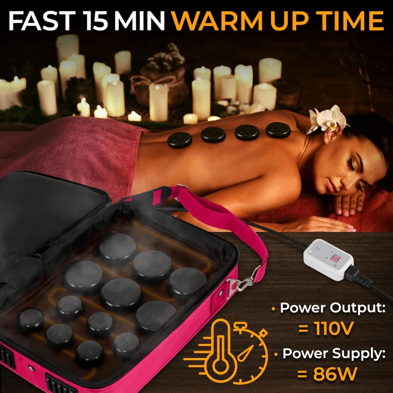 SereneLife Portable Electric Hot Stone Warmer Set — Digital Spa Heater with 6 Large & 6 Small Round Basalt Massage Stones, Pink