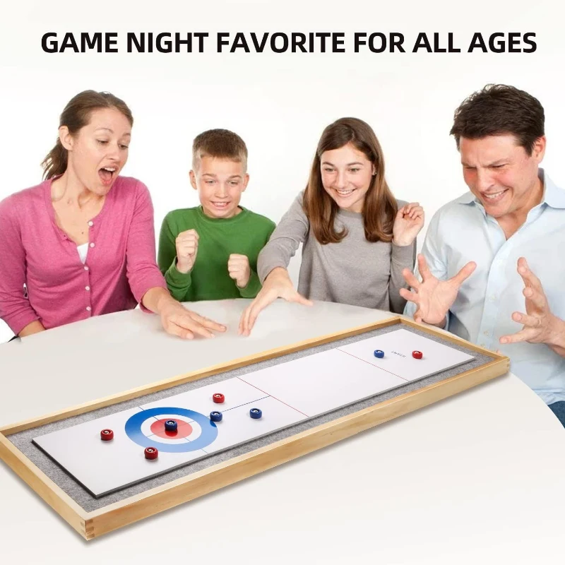 GSE Games & Sports Expert 2-in-1 Solid Pine Tabletop Shuffleboard & Curling Set — 48"" x 13.5"" with 8 Rolling Pucks